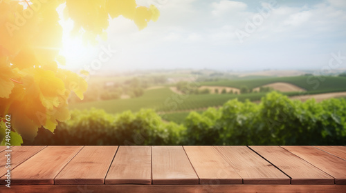 Wooden Table with Ample Copy Space  Vineyard Background 