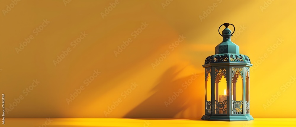 illuminate Arabic lantern for Ramadan, isolated on yellow background. copy space concept, mockup.	