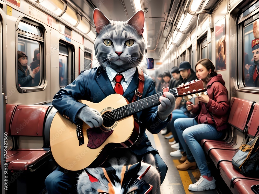 a cat playing guitar in a subway train