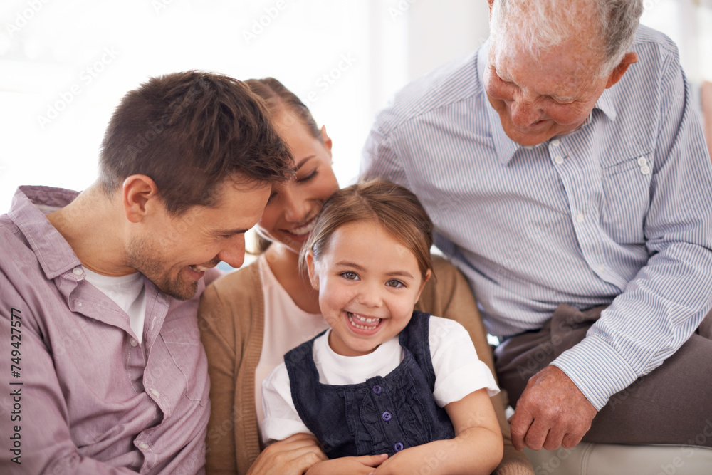 Parents, grandfather and child with portrait on sofa for healthy development, security or comfort in apartment. Family, men and woman with girl kid, smile and bonding for parenting and love in house Parents, grandfather and child with portrait on sofa for healthy development, security or comfort in apartment. Family, men and woman with girl kid, smile and bonding for parenting and love in house