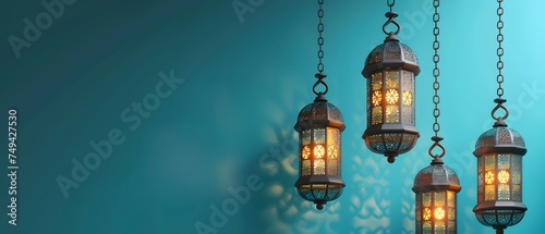 Arabic lantern for Ramadan on right side hanging on turquoise background. illuminate, copy space concept, mockup.