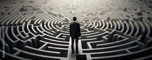 Lost man surrounded by circular maze walls searching for way out. Concept Circular Maze, Lost Man, Searching for Exit, Puzzle-solving, Confusion