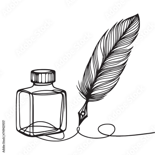 Inkwell and pen continuous line drawing. One line feather with ink vector illustration.