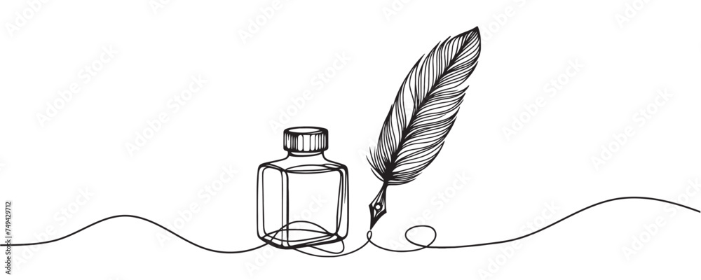 Inkwell and pen continuous line drawing. One line feather with ink vector illustration.