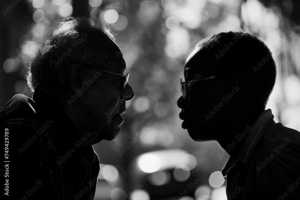 Two men stand facing each other, their eyes locked in an intense exchange of thoughts and emotions Two men stand facing each other, their eyes locked in an intense exchange of thoughts and emotions