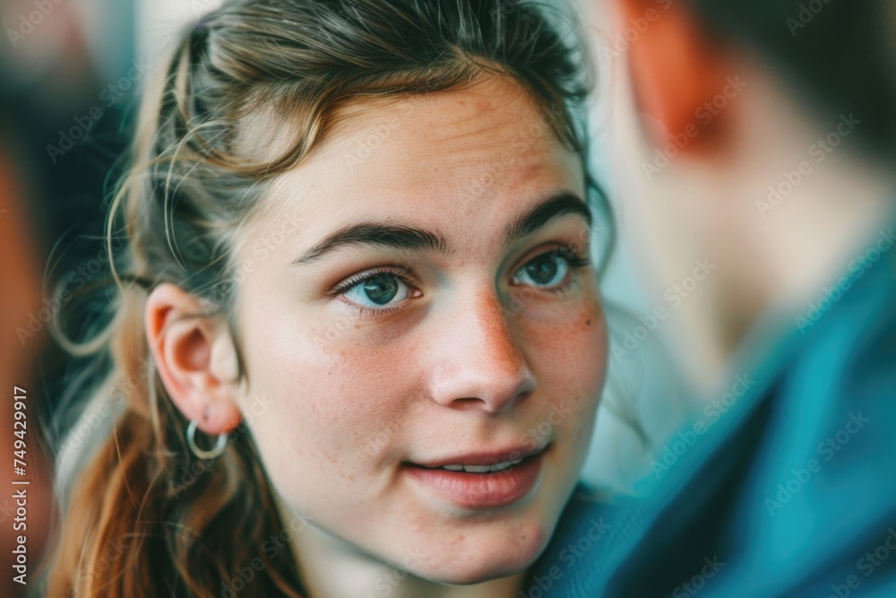 A close-up view of a person with a ponytail, captured in a candid moment of active listening. The focus is on genuine interaction and connection A close-up view of a person with a ponytail, captured in a candid moment of active listening. The focus is on genuine interaction and connection