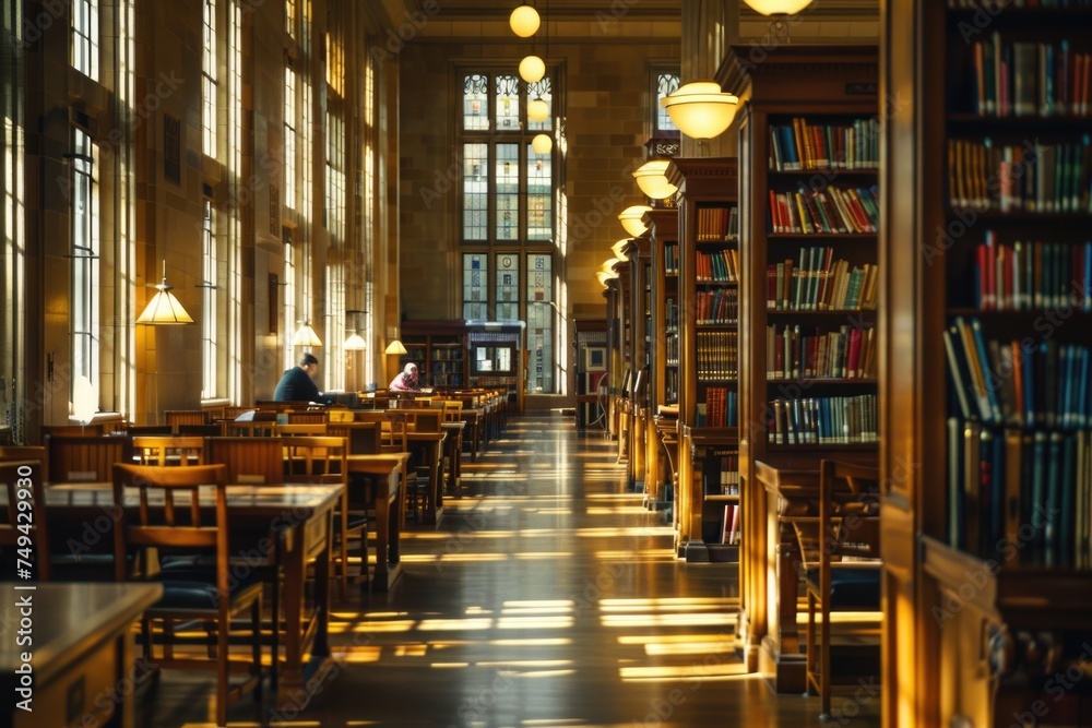 Explore a vast library filled with countless books under the warm glow of tall windows