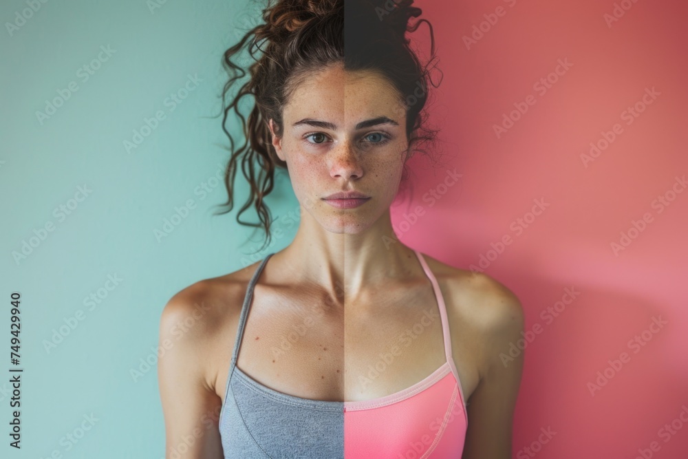 A fit woman confidently strikes a pose in a stylish sports bra, showcasing her toned physique for a photo A fit woman confidently strikes a pose in a stylish sports bra, showcasing her toned physique for a photo