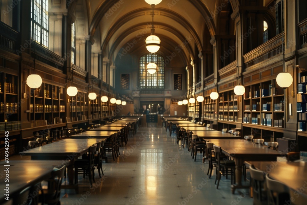 A vast library with numerous bookshelves, hosting a long table where readers immerse themselves in the world of books