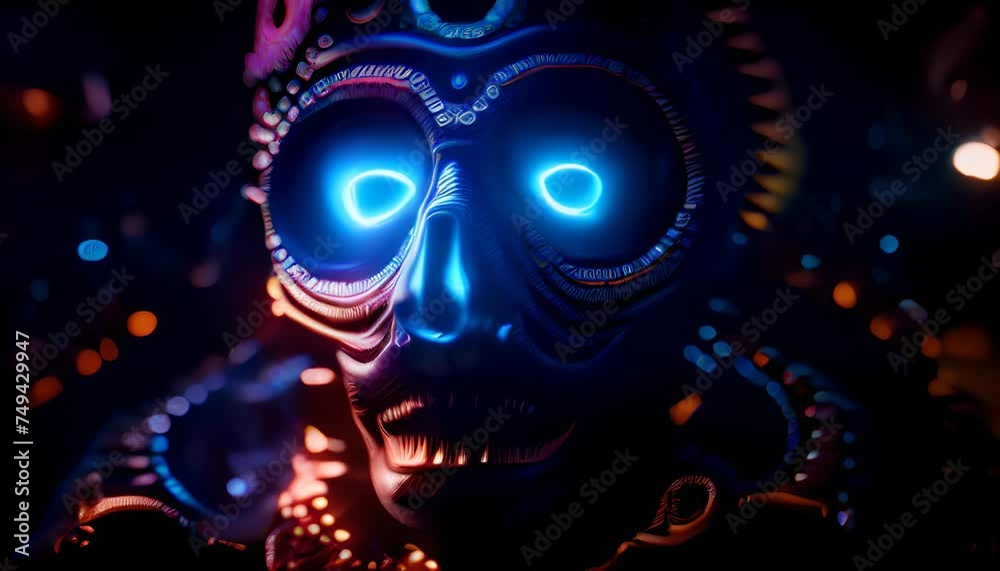 Shapeshifting humanoid creature on a bright background. Mysterious otherworld. Head of a bronze golem with three bright neon eyes. Three-eyed mercurial creature inhabiting surreal parallel dimension. 