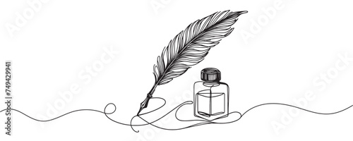 Inkwell and pen continuous line drawing. One line feather with ink vector illustration.