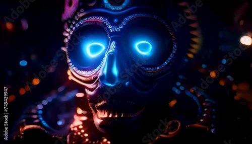 Shapeshifting humanoid creature on a bright background. Mysterious otherworld. Head of a bronze golem with three bright neon eyes. Three-eyed mercurial creature inhabiting surreal parallel dimension.  photo