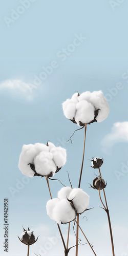 Spring  cotton plant  sky  blue  clouds  flowers  renewal  life  joy  generative AI Arte com IA