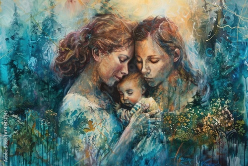 Two women tenderly hold and embrace a baby in a heartwarming painting celebrating the bond of love and familial connection