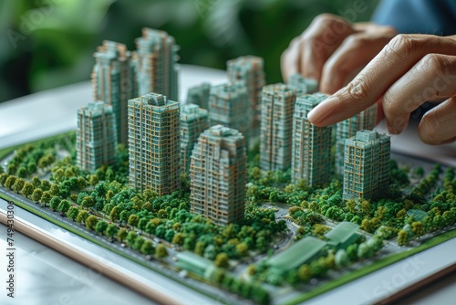 Close up view of architectural models presenting innovative metropolitan area set on office desk indoors. Buildings Permit concept - building activity and construction industry with General Urban Plan © Irina Mikhailichenko