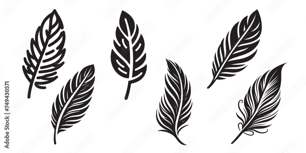 set of black feathers on a white background. feather icon vector illustration. set of black feathers on a white background. feather icon vector illustration.