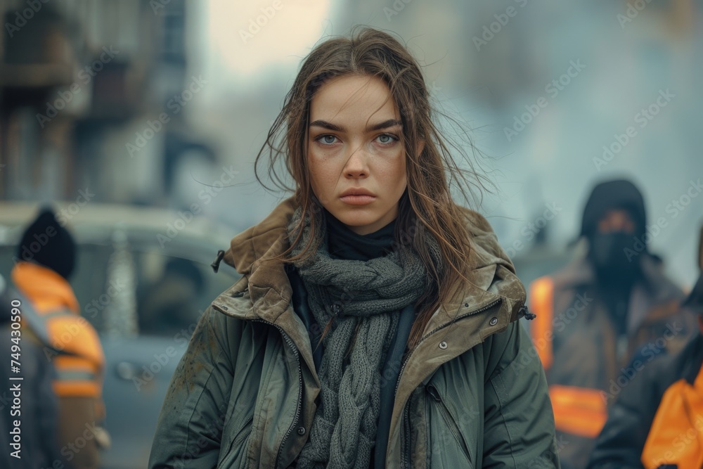 A woman with a serious expression stands confidently before a diverse crowd of people A woman with a serious expression stands confidently before a diverse crowd of people