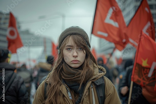 A woman stands solemnly before a group of vibrant red flags, exuding a sense of determination and defiance photo