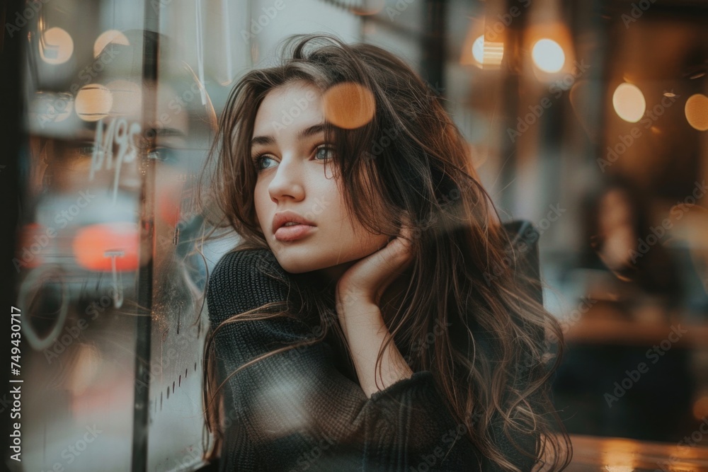A thoughtful young woman is seated on a bench in front of a window, gazing into the distance with a serene expression A thoughtful young woman is seated on a bench in front of a window, gazing into the distance with a serene expression