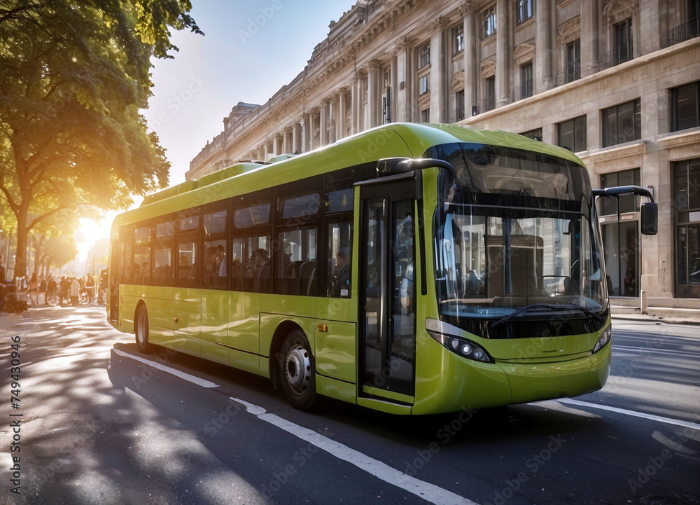 A green electric bus is driving down a street in big city