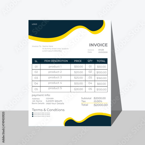 Professional simple real estate invoice template yellow and blue colors.