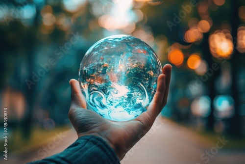 A person holds a crystal ball in their hand, gazing into its depths for insights into the future photo