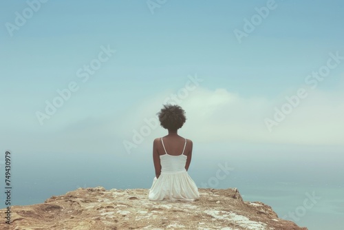 A woman donning a flowing white dress elegantly sits on a rock, exuding a sense of peace and tranquility photo