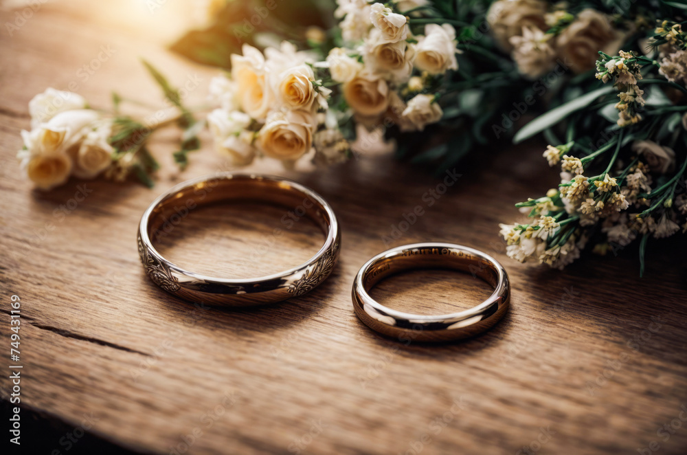 Diamond wedding rings jewelry and flowers bouquet for the wedding engagement and honeymoon