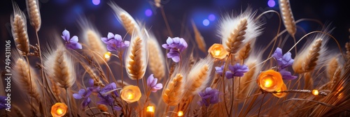 Ripe Yellow Wheat Bouquet Purple White, with lights, light black and yellow, Background HD, Illustrations