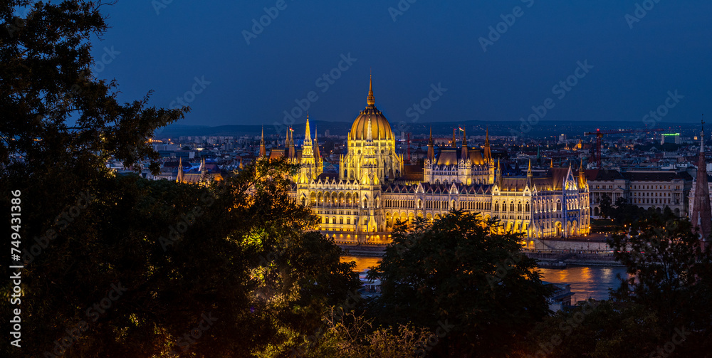 Night View of the Hungarian Parliament from the Fisherman's Bastion in Budapest