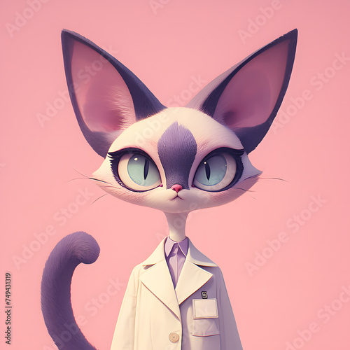 a cartoon cat wearing a white coat and purple tail