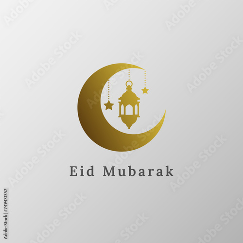 hanging Arabic traditional Lantern to Welcome Ramadan Kareem. hanged on crescent moon with stars. For Eid Fitr or Adha Mubarak Simple Poster, Greeting card Illustration gold colored. golden color