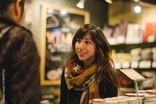 A woman with a welcoming aura stands in front of a store counter, inviting customers in with her warm demeanor