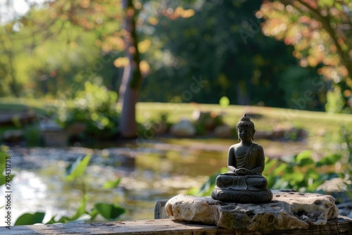 A small Buddha statue peacefully sits atop a rock  exuding calm and tranquility