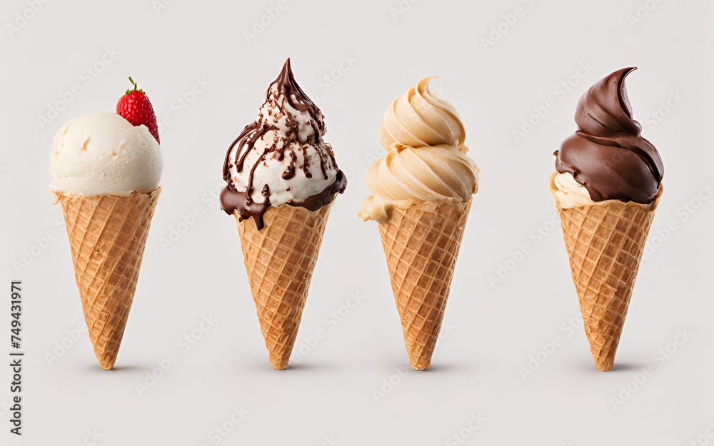 Three ice cream cones with different flavors and one has a cherry on it.
Three ice cream cones with different flavors and one has a cherry on it.