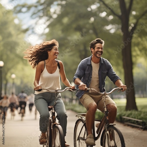 "In a bustling city park, a couple enjoys a tandem bike ride, their laughter echoing the joy of navigating the urban landscape together."