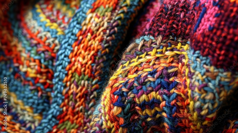 Textured Knitting Patterns on Colorful Yarn generative ai