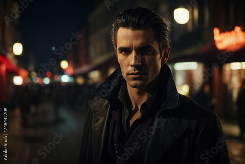 A handsome young man in a black coat stands in front of a red sign of a pub. © Eliya