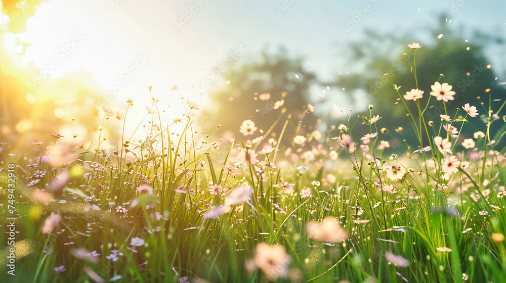 Sunny Wildflower Meadow at Sunset, Bright and Colorful Floral Landscape in Nature