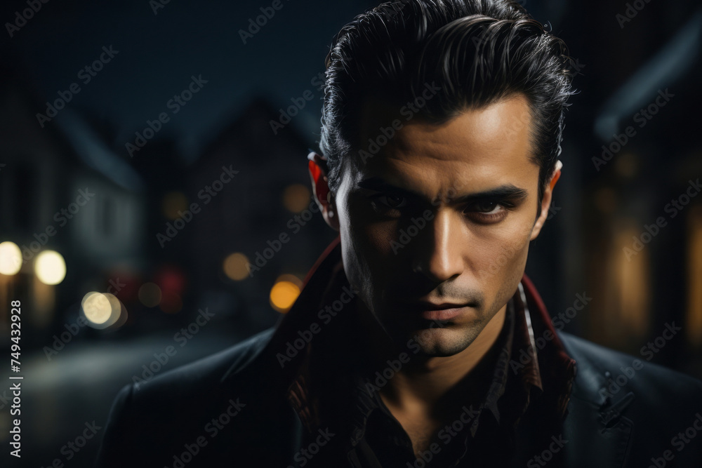 A handsome young man in a black coat stands in front of a red sign of a pub. A handsome young man in a black coat stands in front of a red sign of a pub.