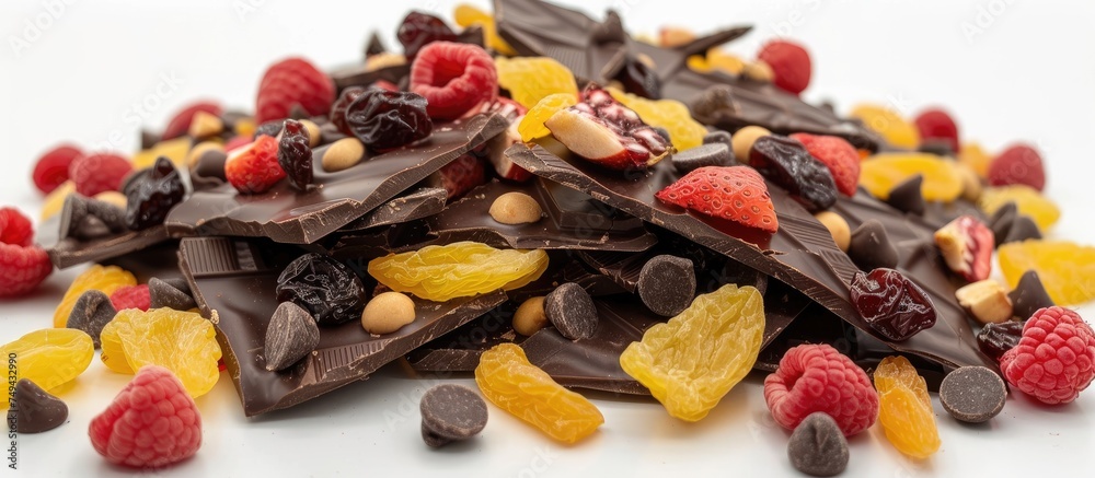 A collection of decadent chocolate pieces and vibrant raspberries neatly stacked on a clean white background. The contrast between the rich chocolate and juicy berries creates an enticing visual A collection of decadent chocolate pieces and vibrant raspberries neatly stacked on a clean white background. The contrast between the rich chocolate and juicy berries creates an enticing visual