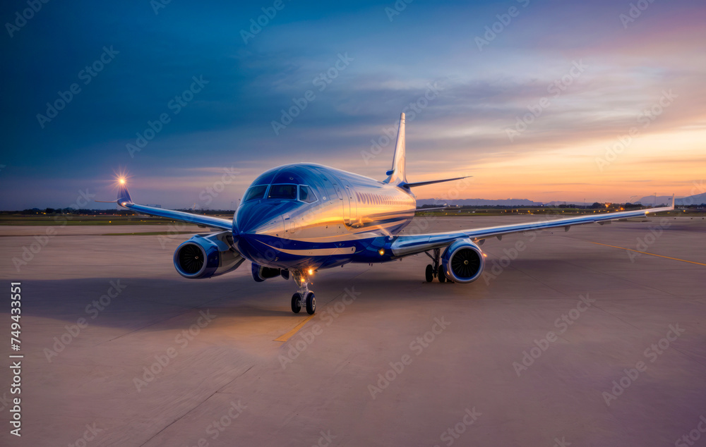 Plane takeoff at the airport at sunset with passengers and tourists going on vacation Plane takeoff at the airport at sunset with passengers and tourists going on vacation
