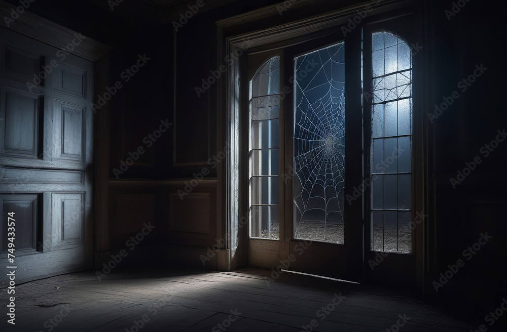Dark room with window and spider web. An old room in abandoned building. Light from window. Scary atmosphere. old building. interior of abandoned house. Abstract horror background for halloween