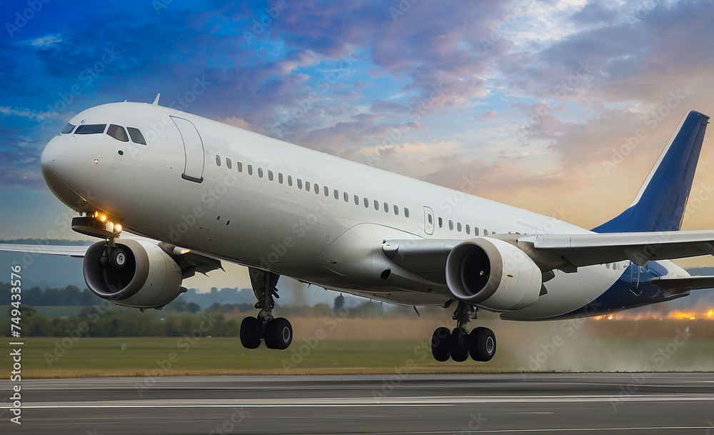 Plane takeoff at the airport at sunset with passengers and tourists going on vacation Plane takeoff at the airport at sunset with passengers and tourists going on vacation