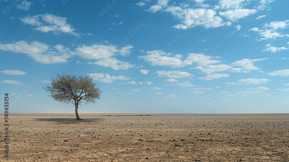 A lone tree in empty landscape, arid conditions caused by global warming and drought.