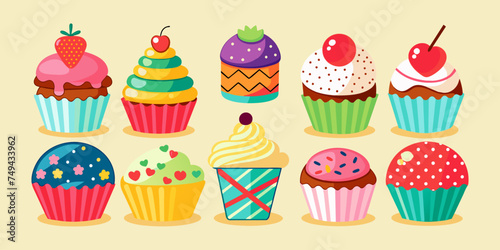 A set of colorful cupcake vector illustration