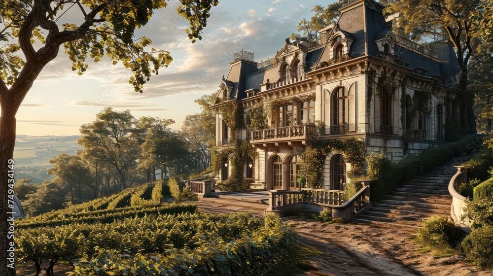 the elegance of a French Chateau nestled in a vineyard, capturing the romance of European-inspired architecture