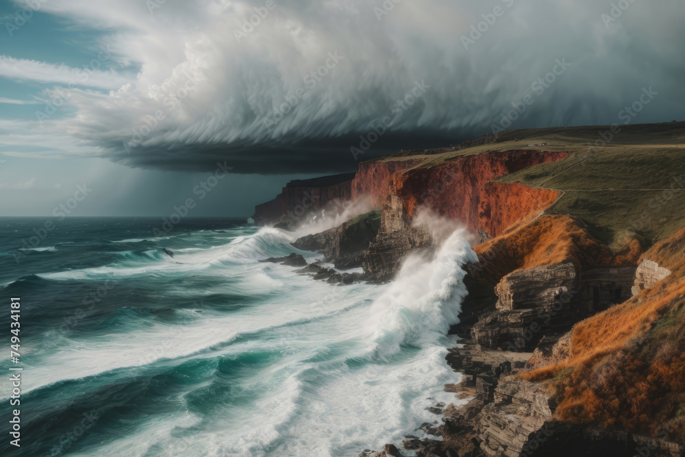 A stormy ocean with a large wave crashing against the rocks A stormy ocean with a large wave crashing against the rocks