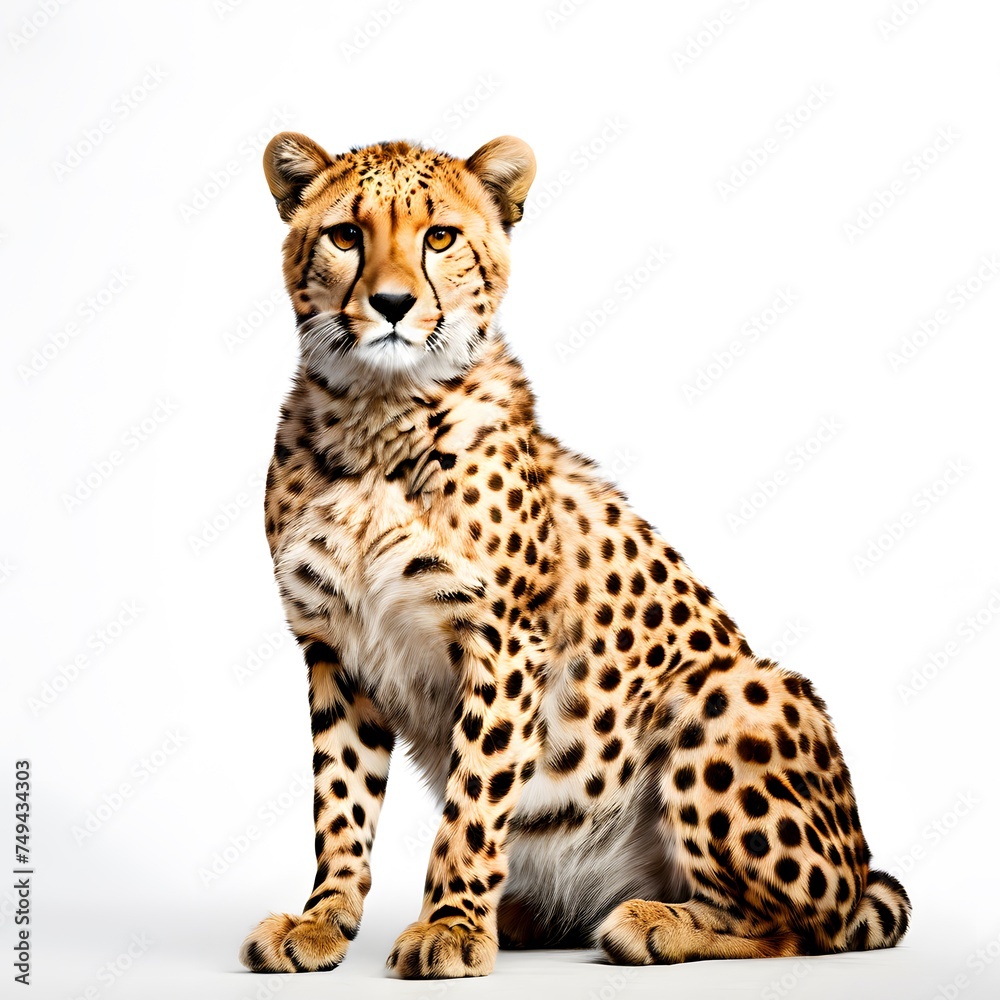 A cheetah sitting on the white background, generative ai A cheetah sitting on the white background, generative ai