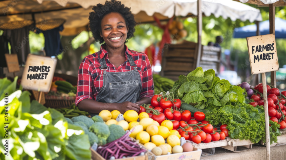 cheerful woman standing at a farmers market stall filled with a variety of fresh vegetables, with a 